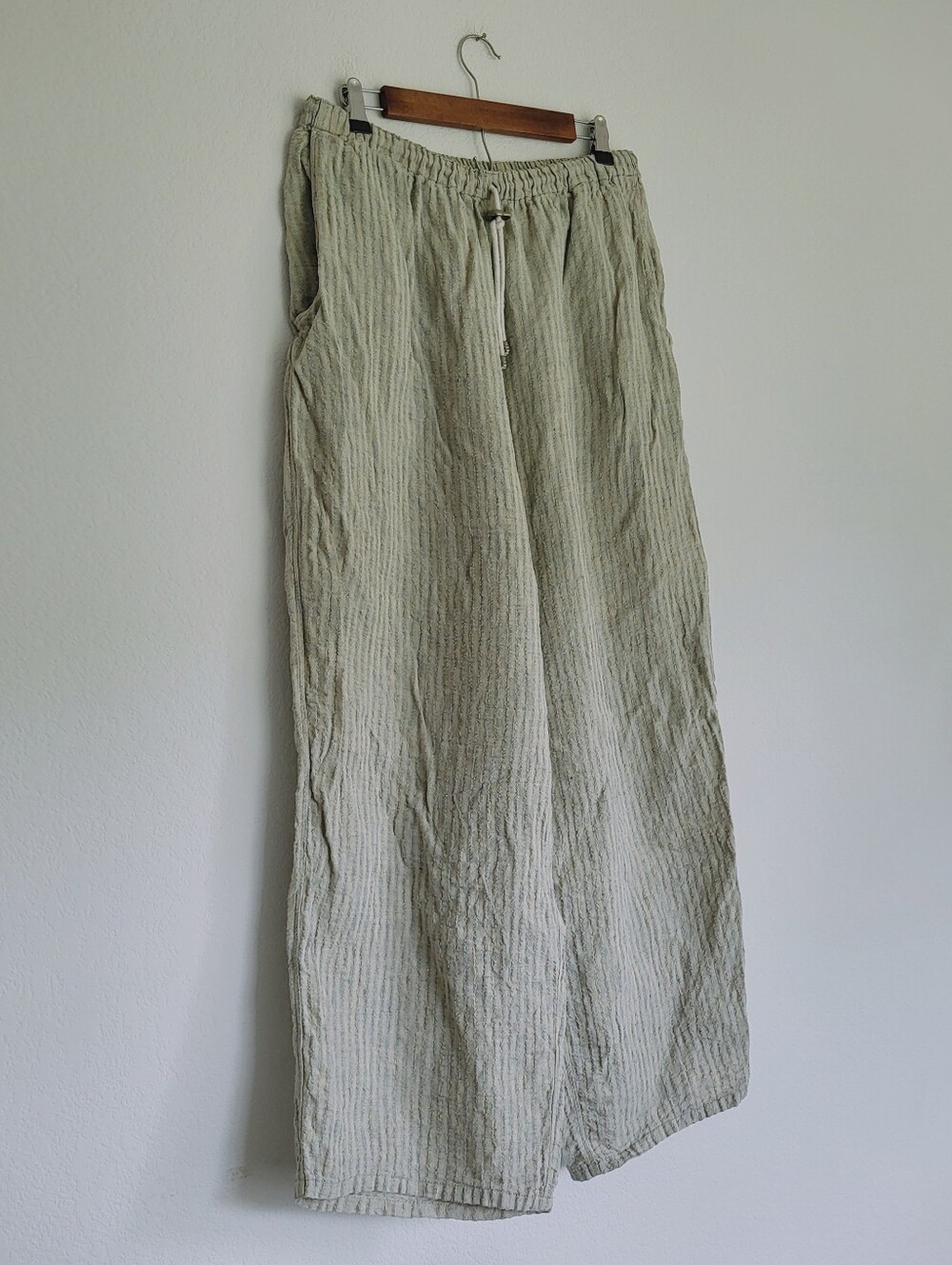 FLAX Jeanne Engelhart Linen Pants Large Sage Stripe Wide Leg Lagenlook - Picture 5 of 10